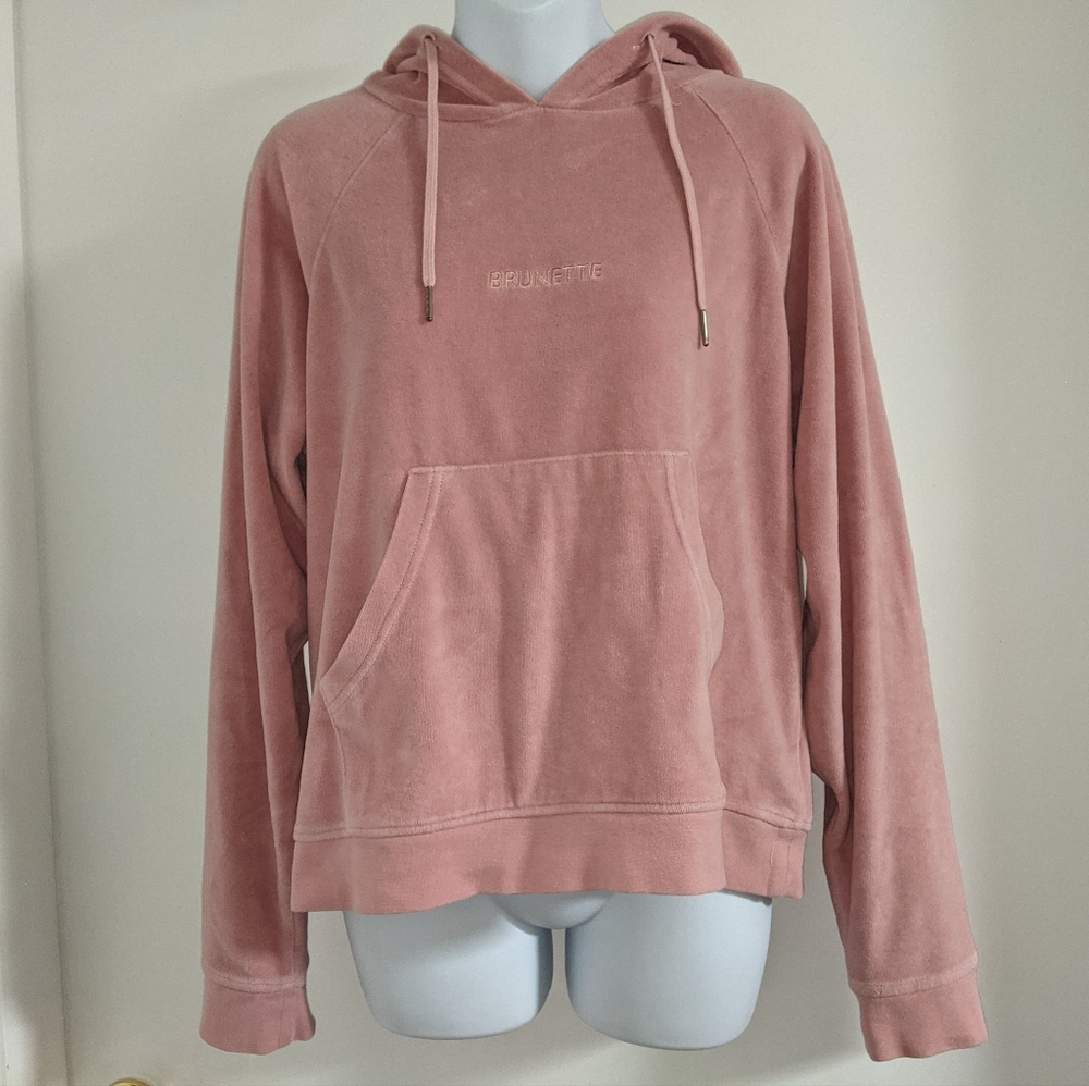 Brunette The Label Peach Pink Velour Pullover Drawstring Hoodie Sweatshirt Logo